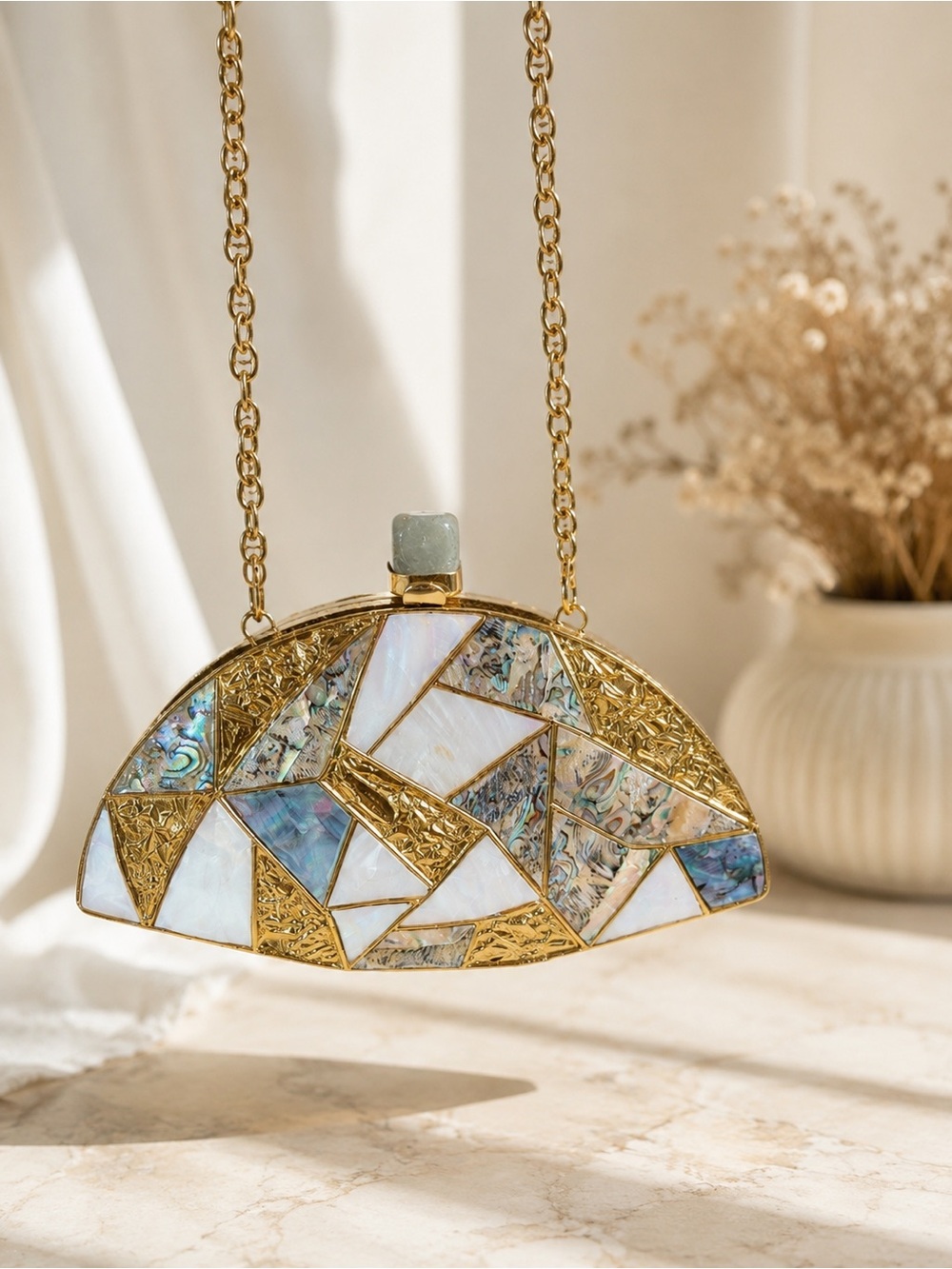 Gold Mosaic Abalone Shell Evening Clutch - White/Blue